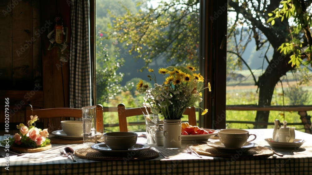 A sunlit dining table with floral arrangements, tableware, and a scenic view of nature outside the window. A sunlit dining table with floral arrangements, tableware, and a scenic view of nature outside the window.