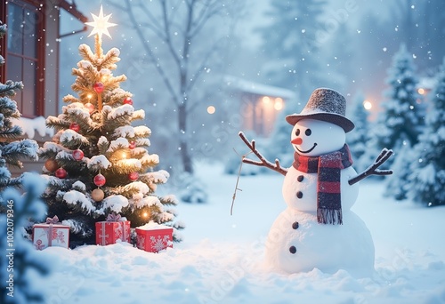 A snowman standing in front of a Christmas tree in the snow.