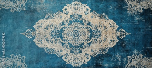 Vintage Ornate Carpet Pattern in Faded Blue and Beige

