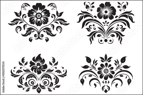 A collection of black and white designs with a white background