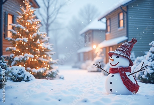 A snowman in front of a house with a Christmas tree.