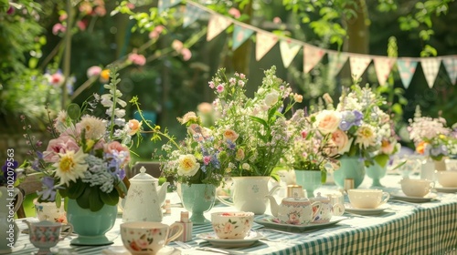 Wallpaper Mural A beautifully arranged outdoor table with floral centerpieces, vintage teapots, and cups, set up for a charming tea party. Torontodigital.ca
