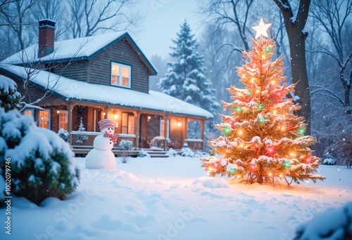 A snowman standing in front of a house with a Christmas tree.