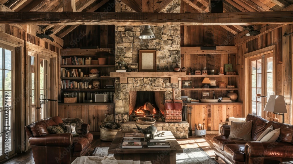 A cozy wooden living room with a stone fireplace, bookshelves, and comfortable furniture, inviting warmth and relaxation. A cozy wooden living room with a stone fireplace, bookshelves, and comfortable furniture, inviting warmth and relaxation.