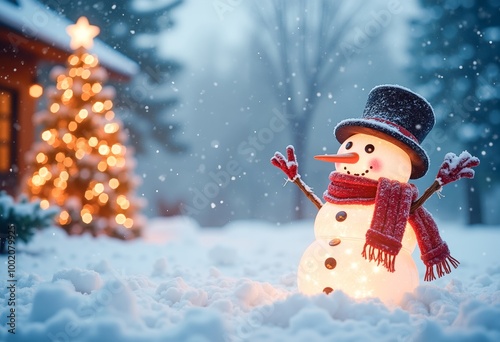 A snowman wearing a top hat and scarf standing in the snow.