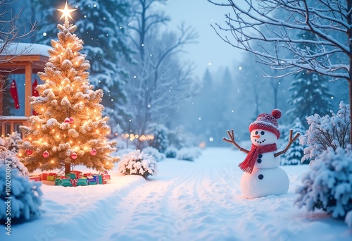A snowman standing in front of a Christmas tree in the snow.