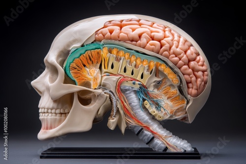 A detailed cross-section of the human spinal cord, showing the vertebrae, spinal nerves, and protective layers surrounding the spinal cord photo