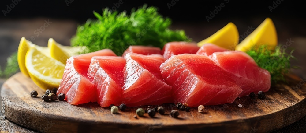 Fresh raw tuna slices with lemon and peppercorns on a wooden board. Fresh raw tuna slices with lemon and peppercorns on a wooden board.