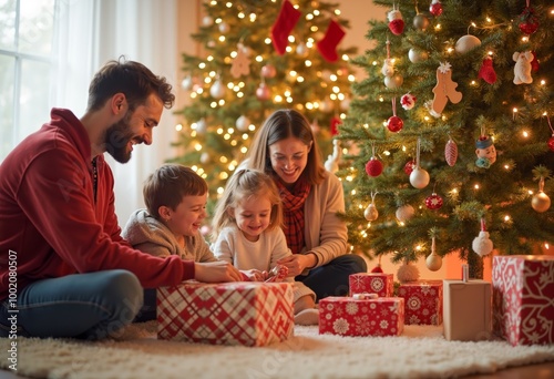 A family sitting on the floor in front of a Christmas tree.