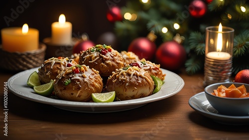 a plate of food that has a candle in the background.