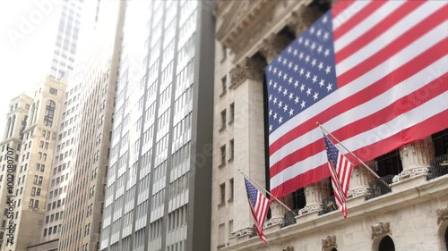 New York City, United States. Lower Manhattan Downtown Financial District urban architecture. Huge big American flag. Wall street Stock Exchange building, USA Stock Market trading.