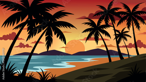 Tropical sunset beach with silhouetted palm trees