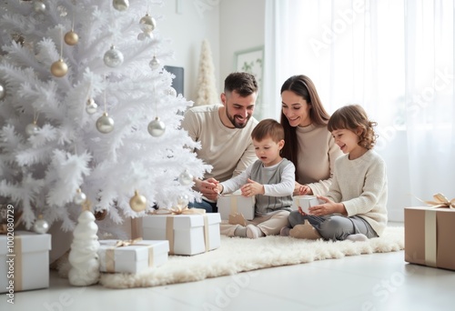 A family sitting on the floor in front of a white Christmas tree.
