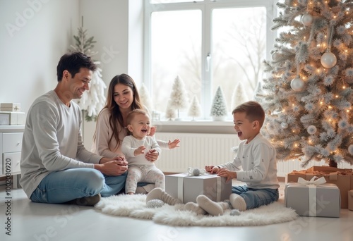 A family sitting on the floor in front of a Christmas tree.