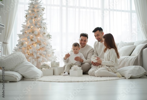 A family sitting on the floor in front of a Christmas tree.