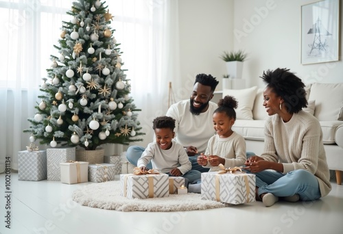 a family sitting on the floor in front of a christmas tree