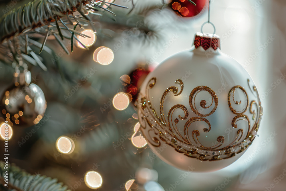 close up horizontal image of a shiny christmas decorative ball hanging from a tree branch close up horizontal image of a shiny christmas decorative ball hanging from a tree branch