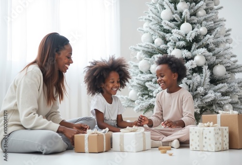 A woman and two children sitting on the floor in front of a Christmas tree.