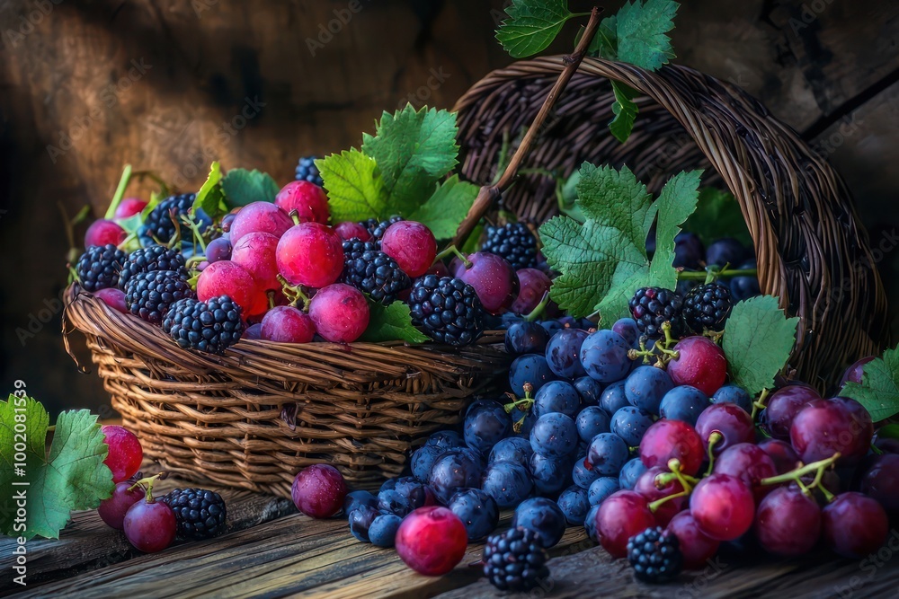 Freshly picked berries and grapes overflowing from a woven basket on a wooden table. Freshly picked berries and grapes overflowing from a woven basket on a wooden table.