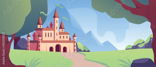 Vector illustration of a castle located in a forest on a background and mountains