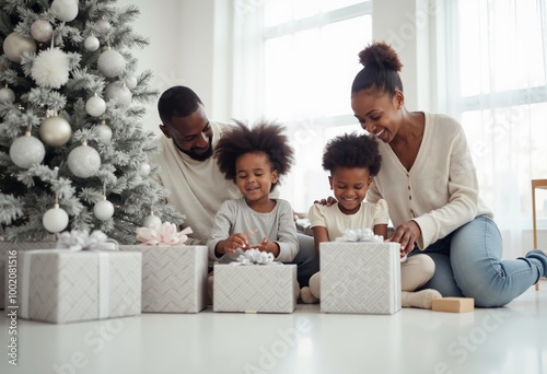 A family sitting on the floor in front of a Christmas tree.