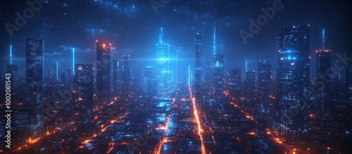 Futuristic city skyline at night with glowing lights and skyscrapers.