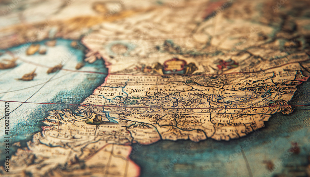 Fototapeta premium Antique maps of old cities or unexplored territories, with faded colors and intricate details, giving a historic and adventurous vibe.