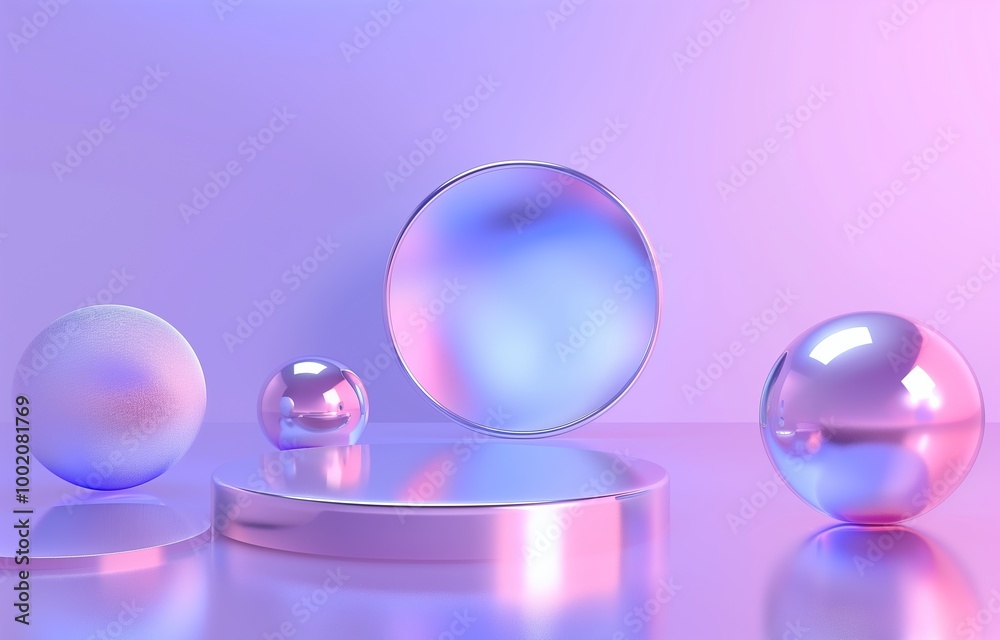 Geometric podium design with reflective, pearl-like surfaces in holographic pink, blue, and lilac tones. A vibrant, modern background for product displays and dynamic presentations. Geometric podium design with reflective, pearl-like surfaces in holographic pink, blue, and lilac tones. A vibrant, modern background for product displays and dynamic presentations.