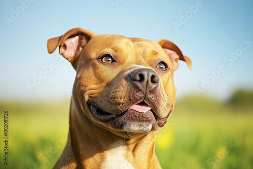 Happy Pitbull dog enjoying a sunny day outdoors, portrait of a smiling pet with bright eyes and vibrant expression in a natural green environment