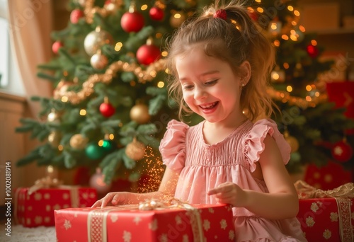 A little girl opening a red gift box in front of a Christmas tree.