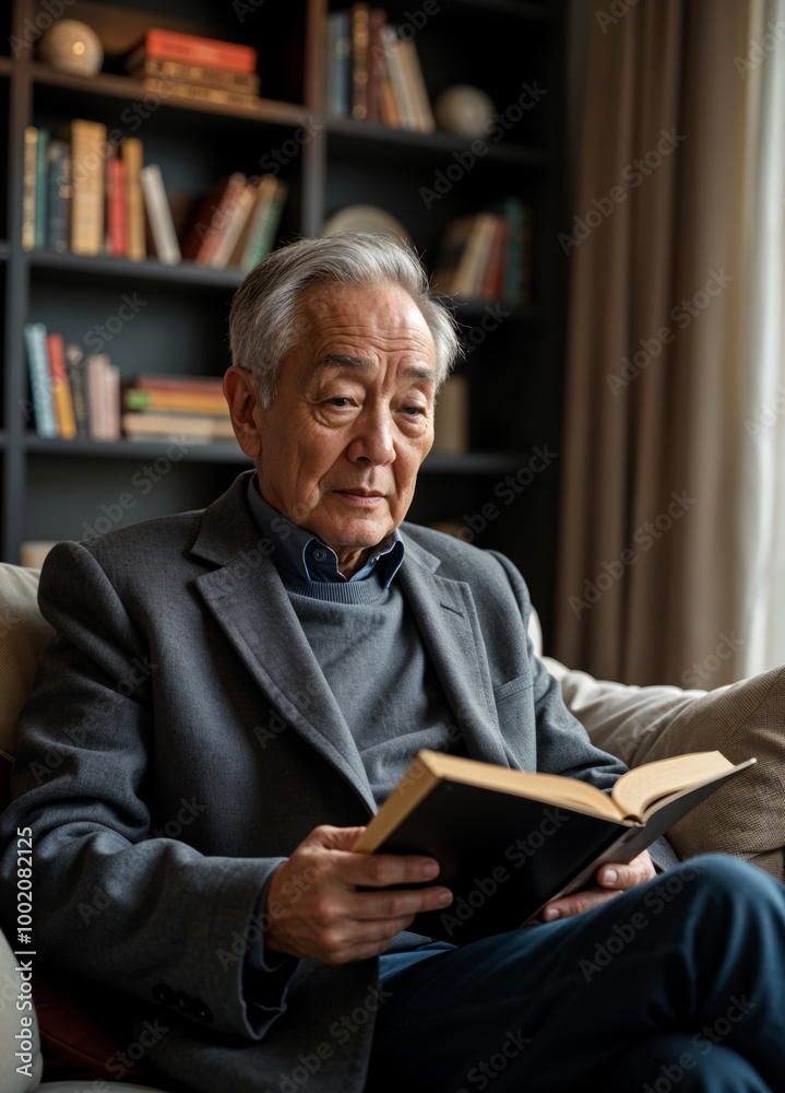 asian senior person reading book in library asian senior person reading book in library