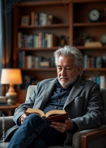 senior person reading book in library