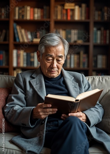 asian senior person reading book in library