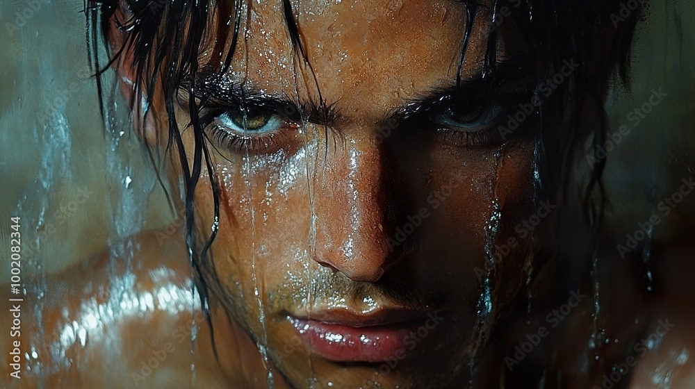 Intense Portrait of a Man with Water Droplets on His Face Intense Portrait of a Man with Water Droplets on His Face