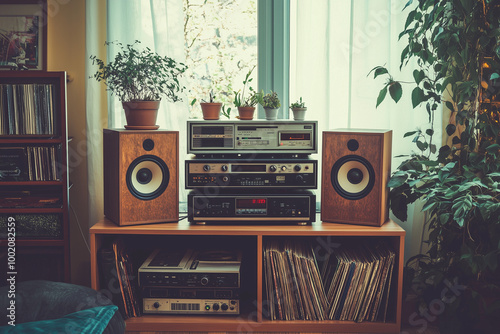 A Vintage Stereo System with a Cassette Deck, Vinyl Player, and Speakers: Rediscovering the Warmth and Character of Analog Sound photo