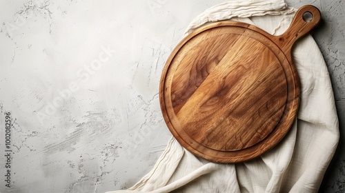 A top view of a round wooden serving board designed for cheese and charcuterie, set against a clean white and gray background. This versatile platter is ideal for elegant food presentations.