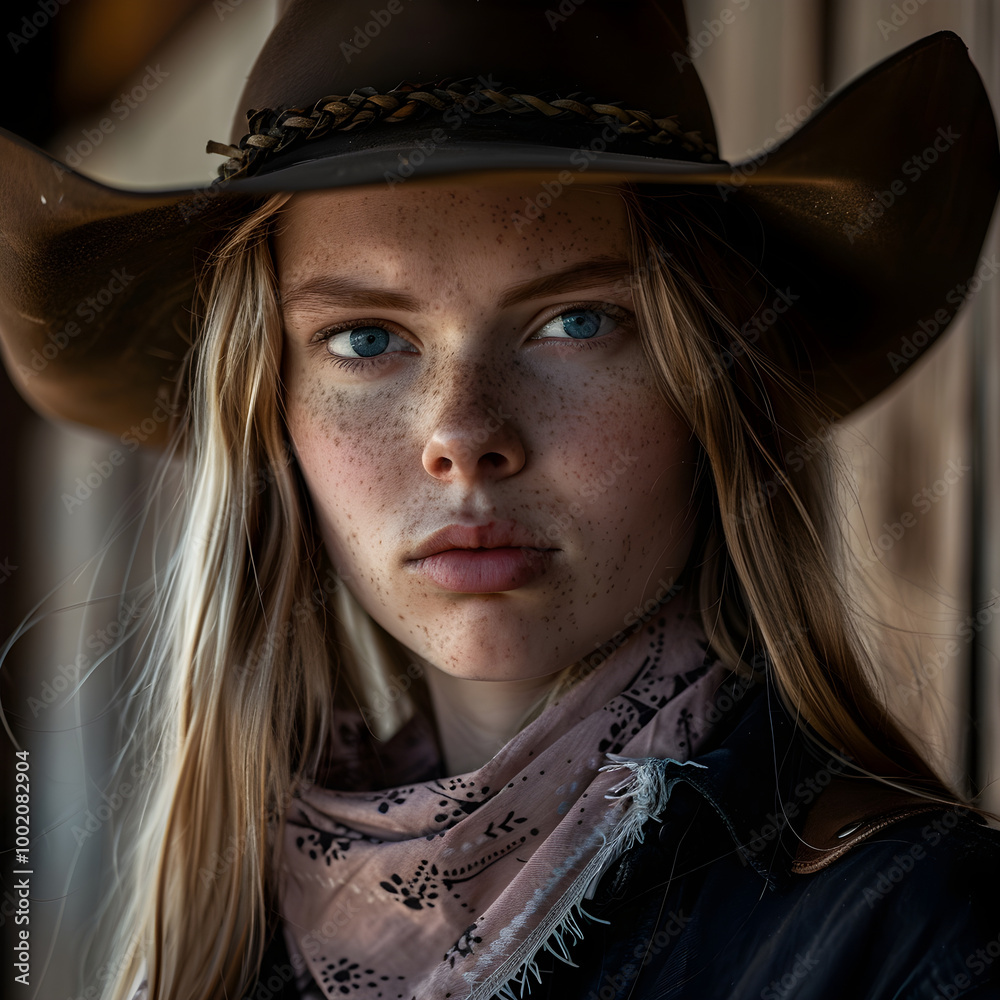 Young cowgirl wearing cowboy hat and bandana posing in barn Young cowgirl wearing cowboy hat and bandana posing in barn
