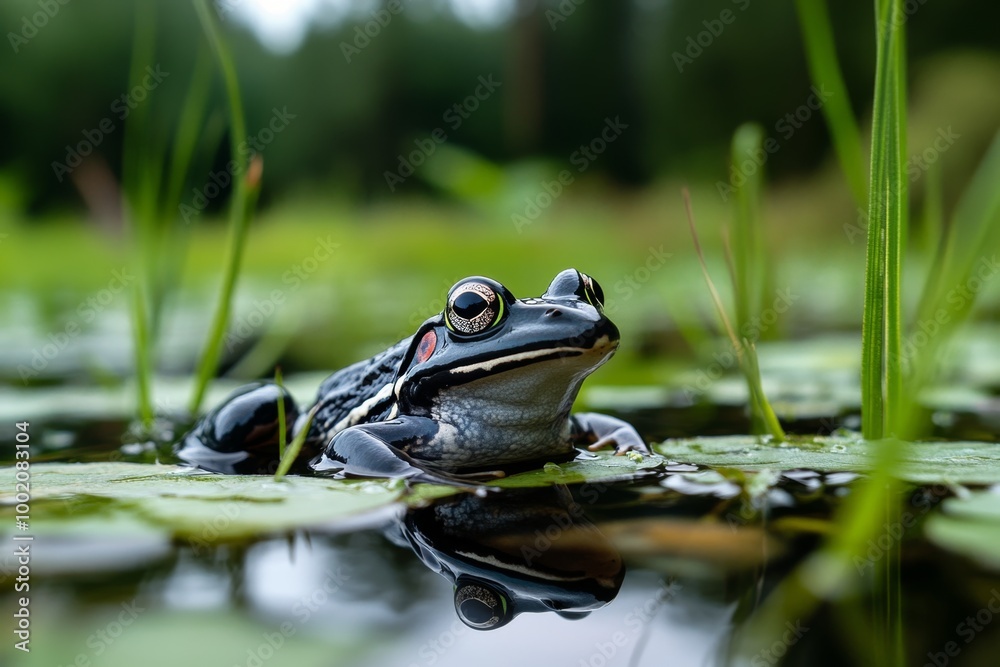 A healthy wetland ecosystem, with frogs, birds, and fish all coexisting in the lush marshlands, surrounded by reeds and aquatic plants A healthy wetland ecosystem, with frogs, birds, and fish all coexisting in the lush marshlands, surrounded by reeds and aquatic plants