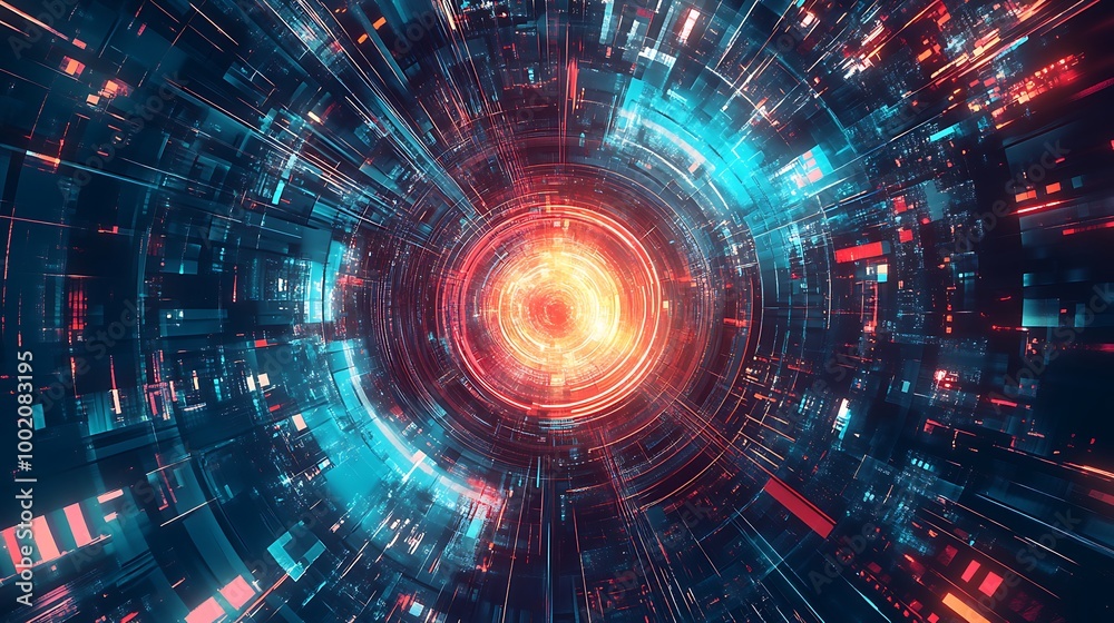 Abstract digital tunnel with bright neon glowing light and lines in red, blue, and orange colors. Abstract digital tunnel with bright neon glowing light and lines in red, blue, and orange colors.
