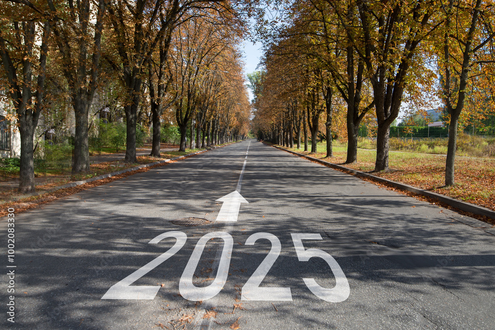 Obraz premium asphalt road with New Year 2025 concept. Direction to New Year concept and sustainable development idea for goal and success, start.
