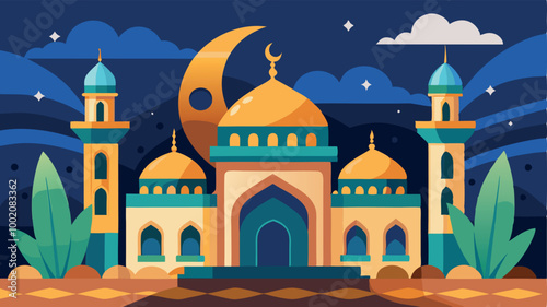 Vector illustration of ancient city architecture featuring a mosque at night with a towering dome, alongside a church and other religious landmarks
