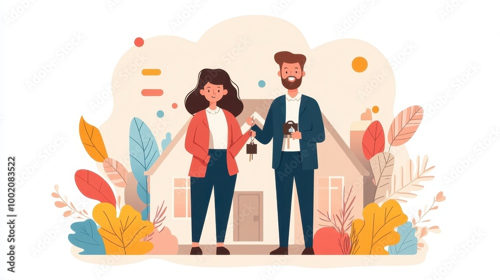 Happy Couple Holding House Keys in Front of Home Happy Couple Holding House Keys in Front of Home