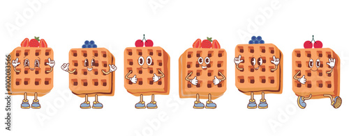 Waffle icon with various fillings. Vector illustration of waffles in the style of kawaii, pastries for breakfast, sweet snack.