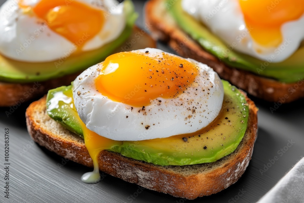 A hyper-realistic close-up of avocado toast topped with poached eggs, with detailed textures of the bread, avocado, and perfectly runny yolk A hyper-realistic close-up of avocado toast topped with poached eggs, with detailed textures of the bread, avocado, and perfectly runny yolk