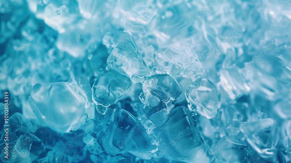 Naklejka premium A landscape of frozen blue ice chunks with a detailed frosty texture, representing the winter season. Great for use as a cool wallpaper or background for winter visuals.