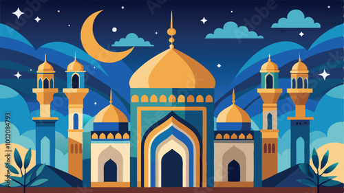 Old mosque and cathedral architecture at night with domes and towers against the sky, a landmark of religion in the city