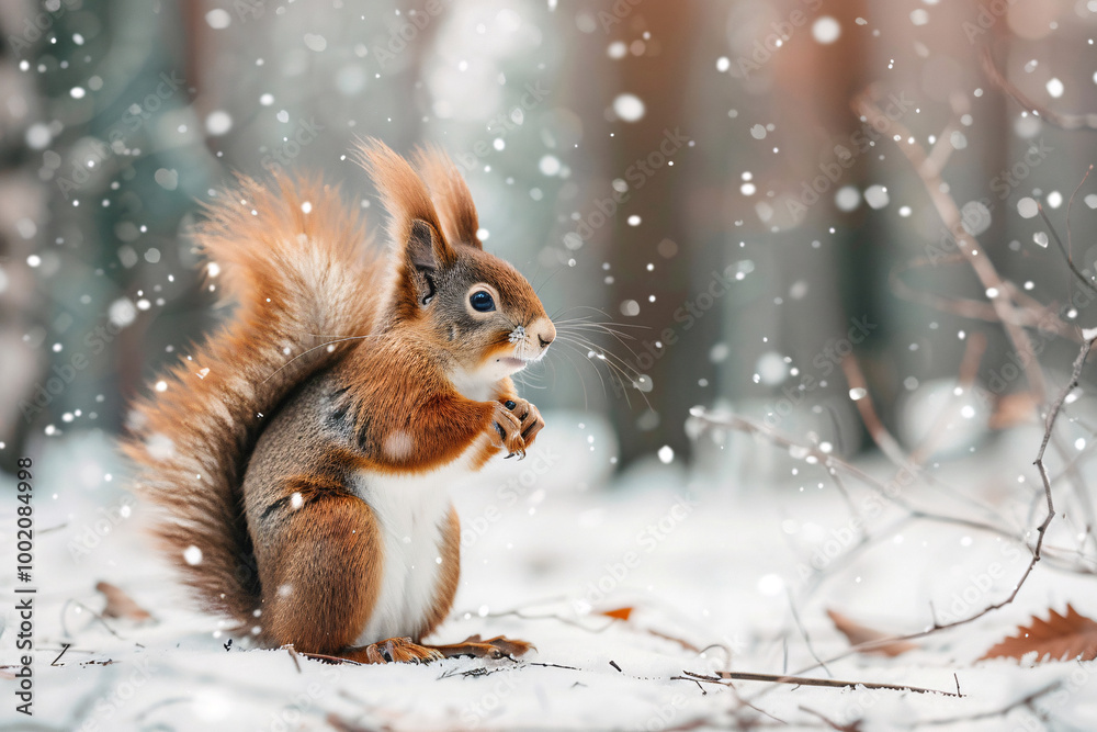 red squirrel over winter snow forest background with copy space red squirrel over winter snow forest background with copy space
