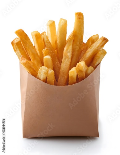 French Fries in a Paper Bag. A portion of crispy golden French fries in a brown paper bag