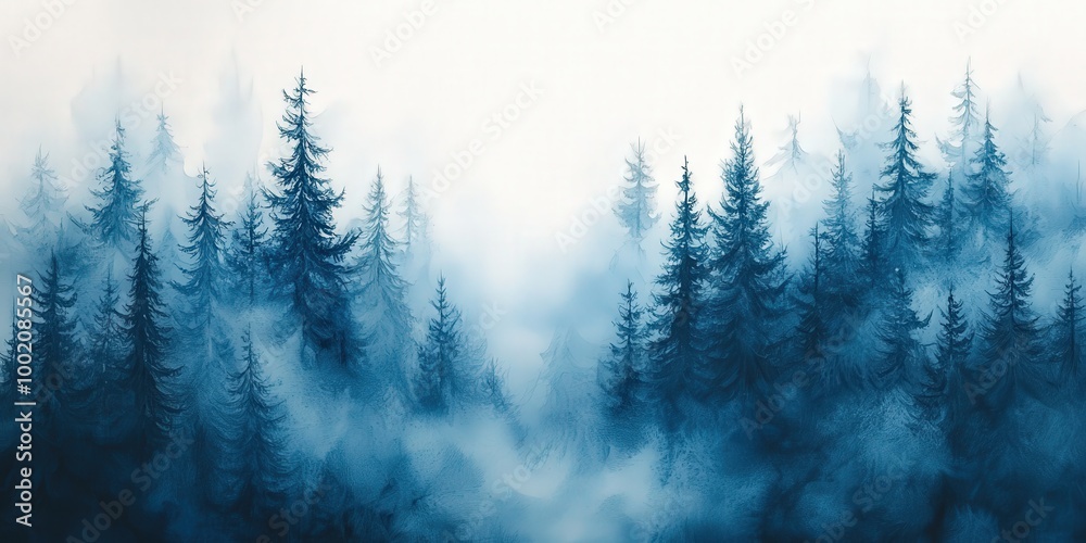 Obraz premium Foggy Pine Forest Watercolor Background Art
