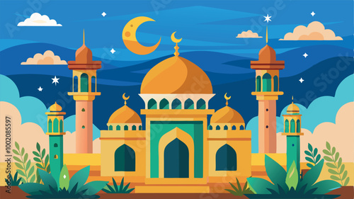 Old islamic mosque architecture with dome and minarets against the night sky, a landmark of culture and religion for tourism in cities like Kazan, Russia, or Istanbul